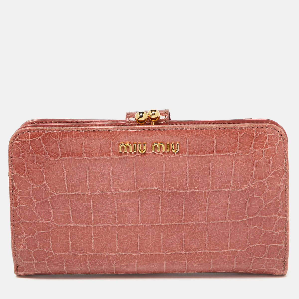 Miu Miu Peach Croc Embossed Leather Twisted Lock Wallet