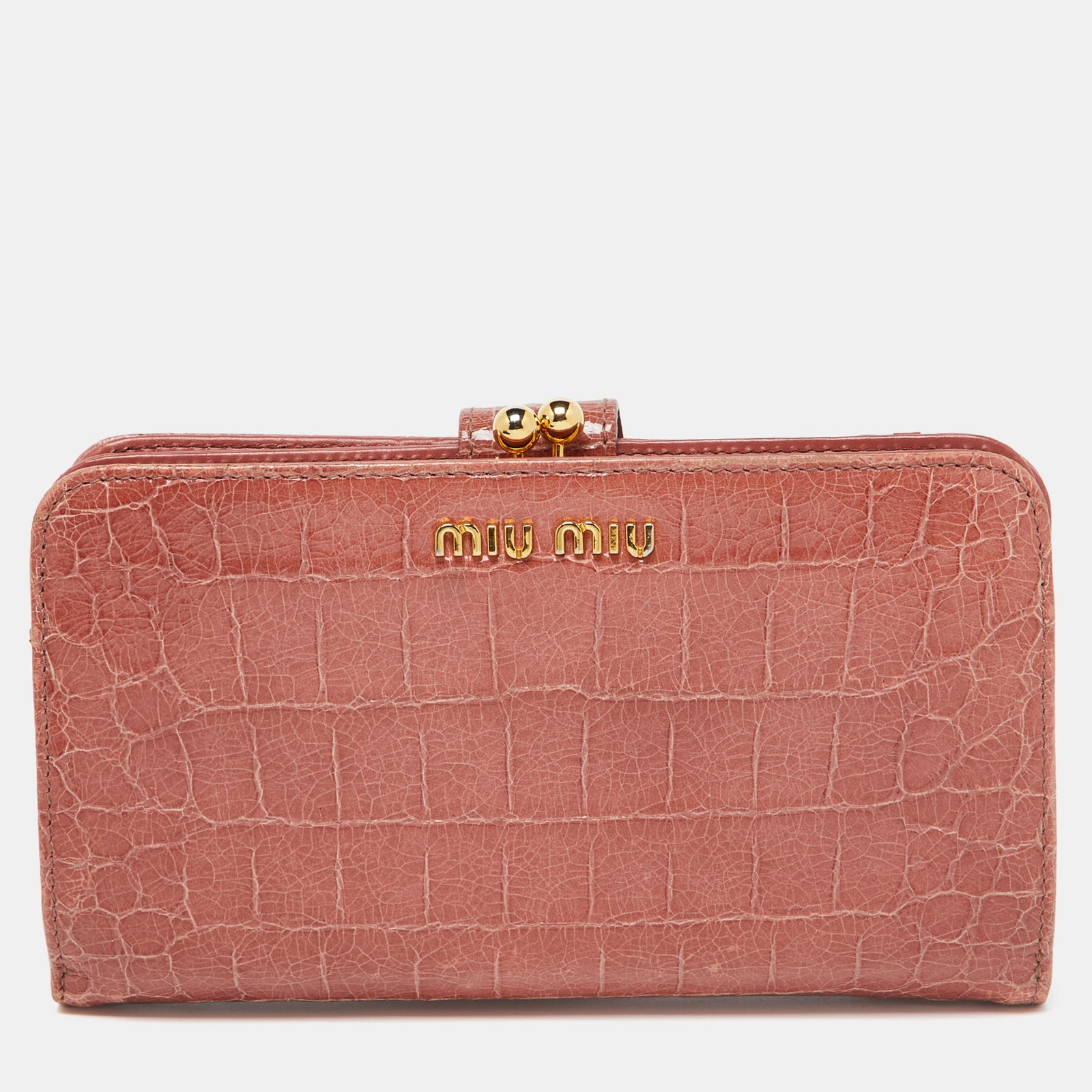 Miu Miu Peach Croc Embossed Leather Twisted Lock Wallet