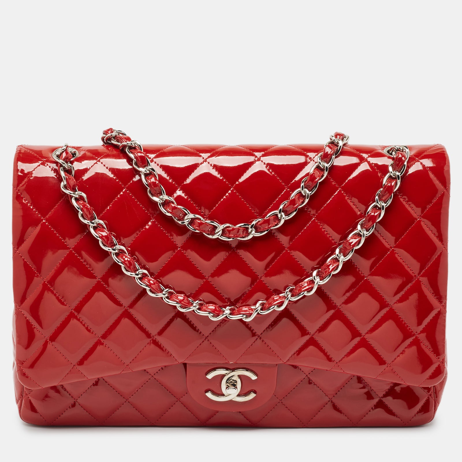 Chanel Red Quilted Patent Leather Maxi Classic Double Flap Bag