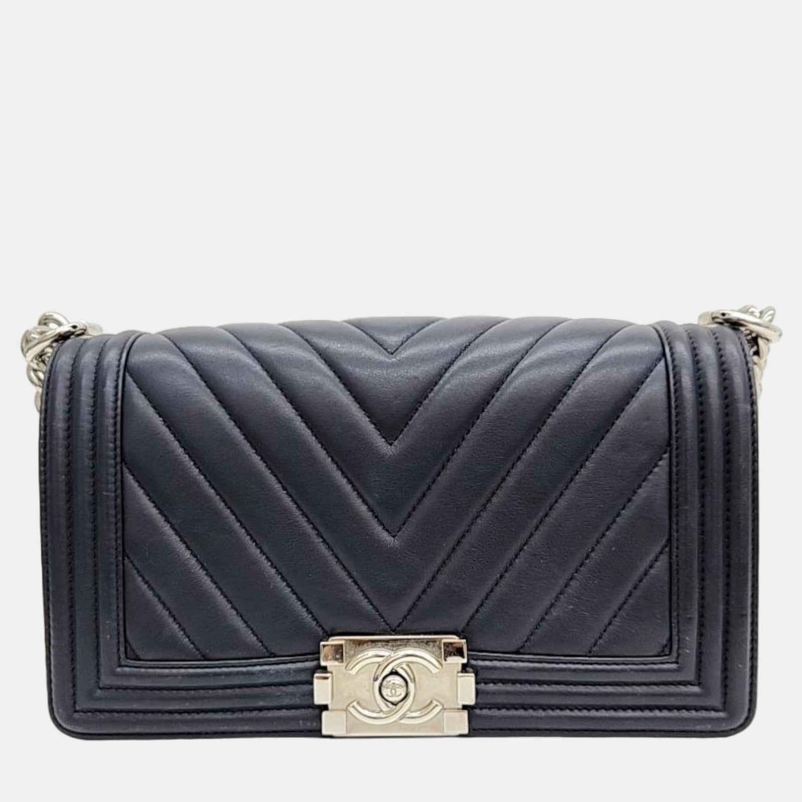 Chanel Navy Blue Lambskin Leather Medium Chevron Boy Shoulder Bag