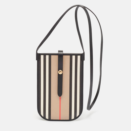 Beige/Black Icon Stripe Coated Canvas and Leather Anne Phone Pouch with Strap