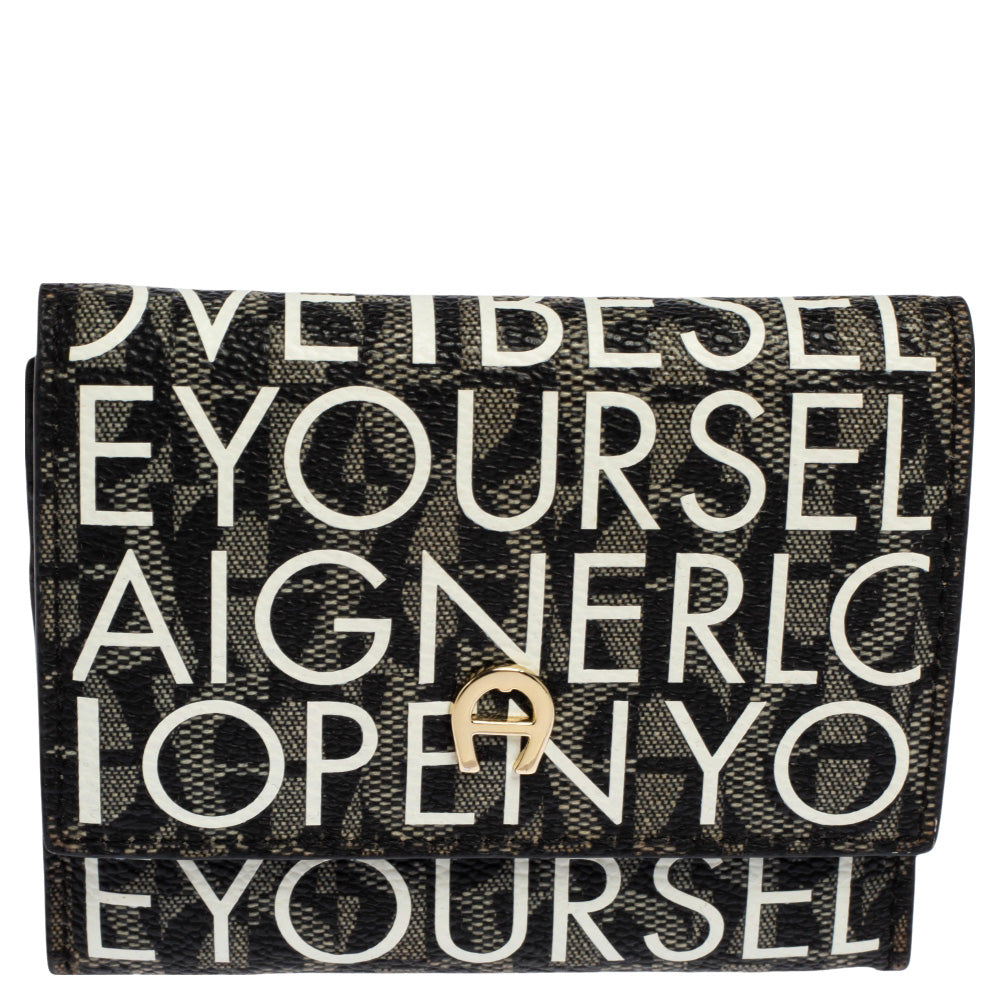 Aigner White/Black Signature Coated Canvas Compact Wallet