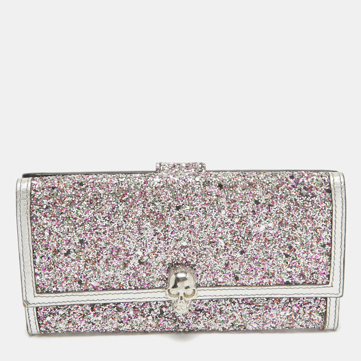 Alexander Mcqueen Silver Glitter and Leather Skull Continental Wallet