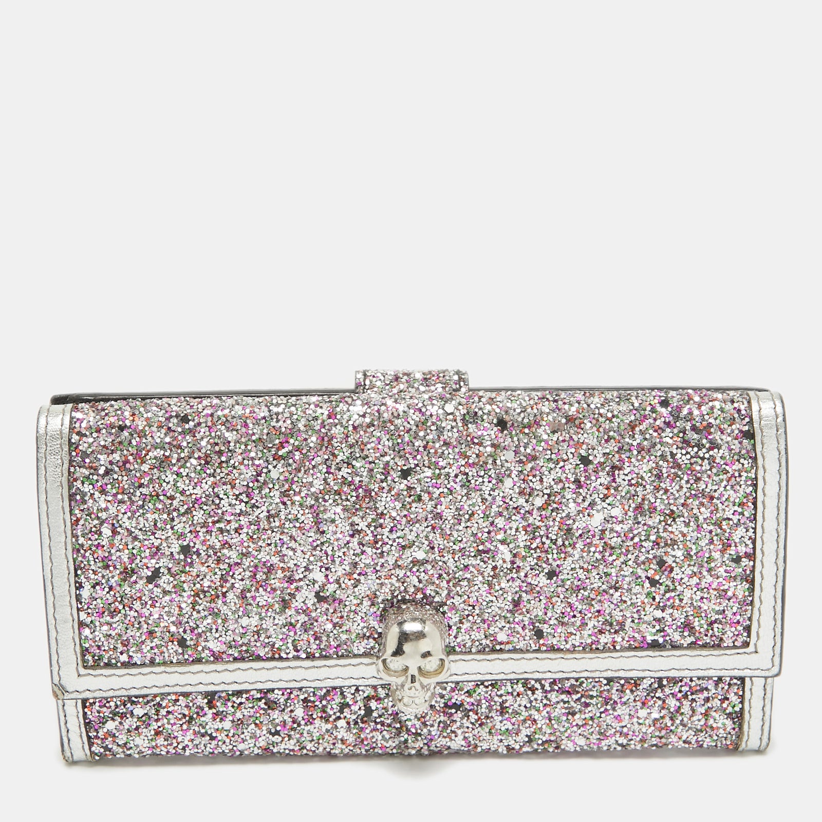 Alexander Mcqueen Silver Glitter and Leather Skull Continental Wallet