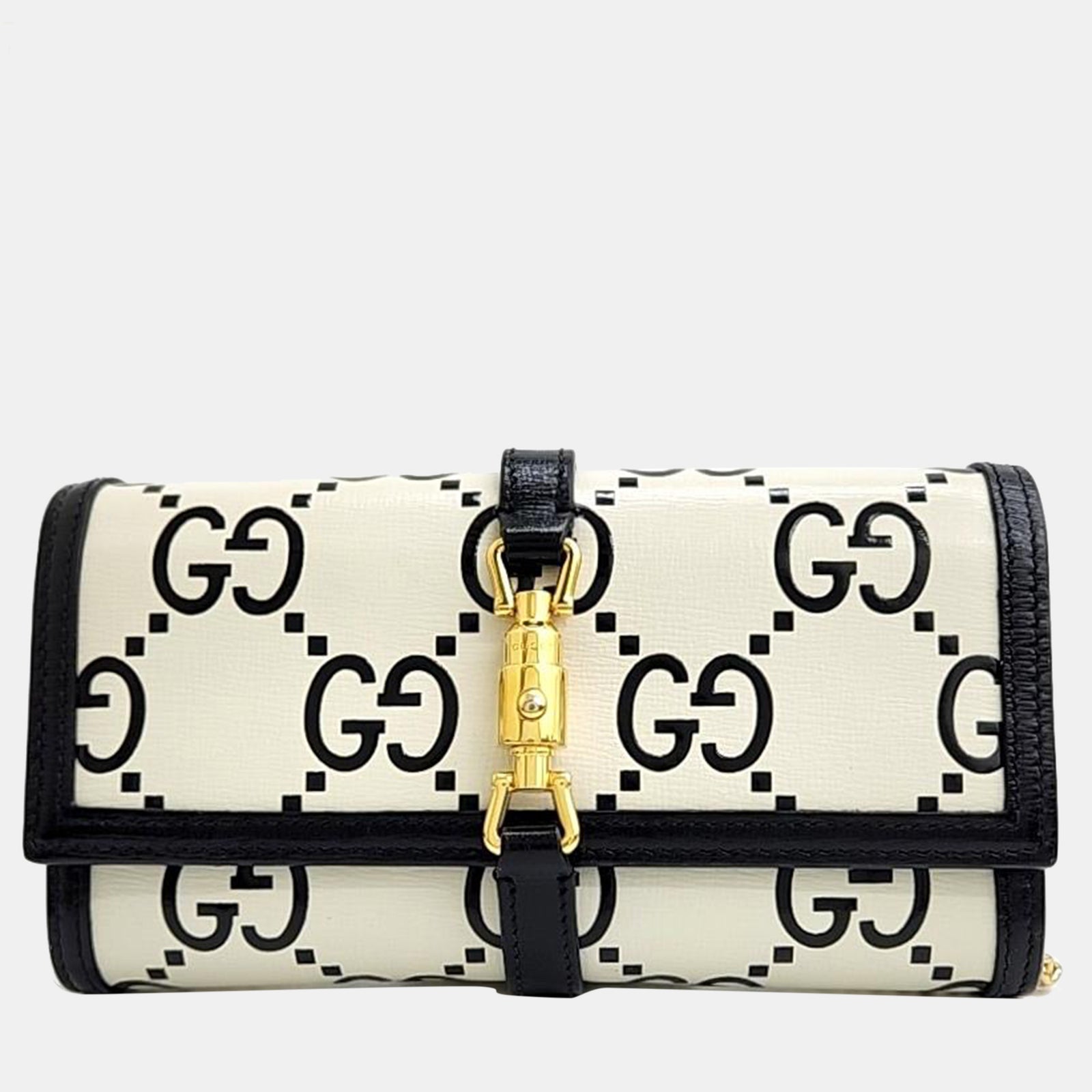 Gucci White/Black Leather GG Monogram Bi-Color Debossed Jackie 1961 Chain Wallet