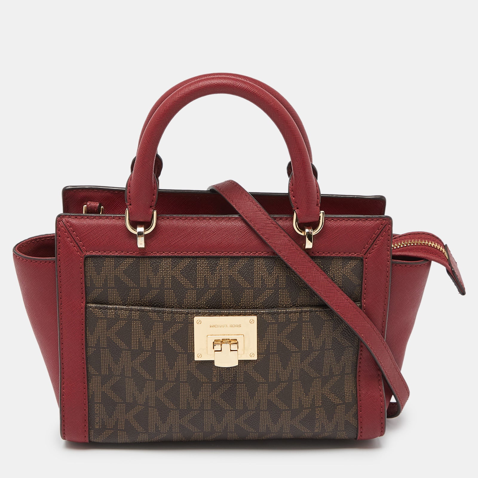 Michael Kors Brown/Red Signature Coated Canvas and Leather Tina Tote