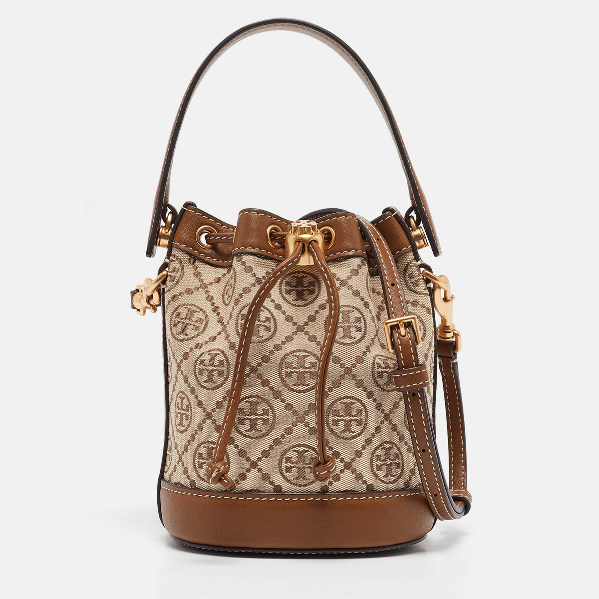 Tory Burch Brown/Beige Canvas and Leather Mini T Monogram Bucket Bag
