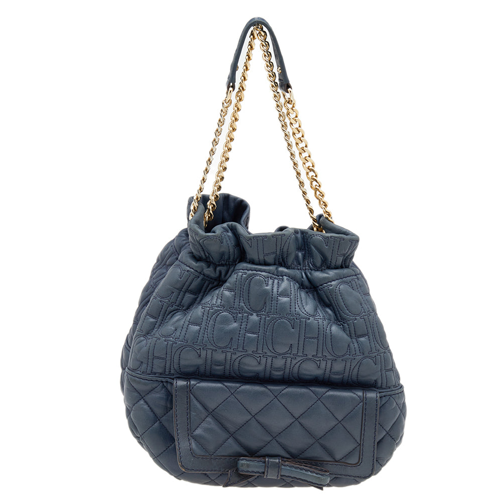 Carolina Herrera Blue Quilted Leather Bucket Bag