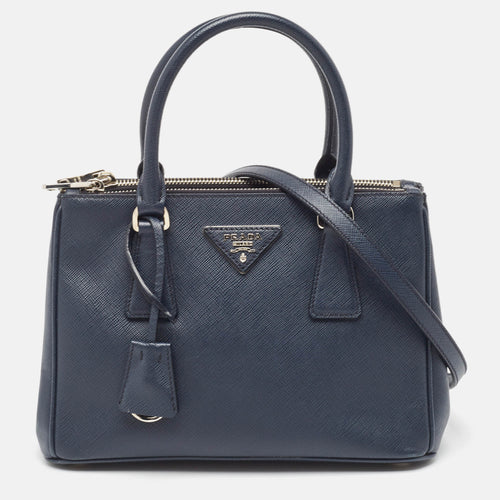 Navy Blue Saffiano Lux Leather Small Galleria Double Zip Tote