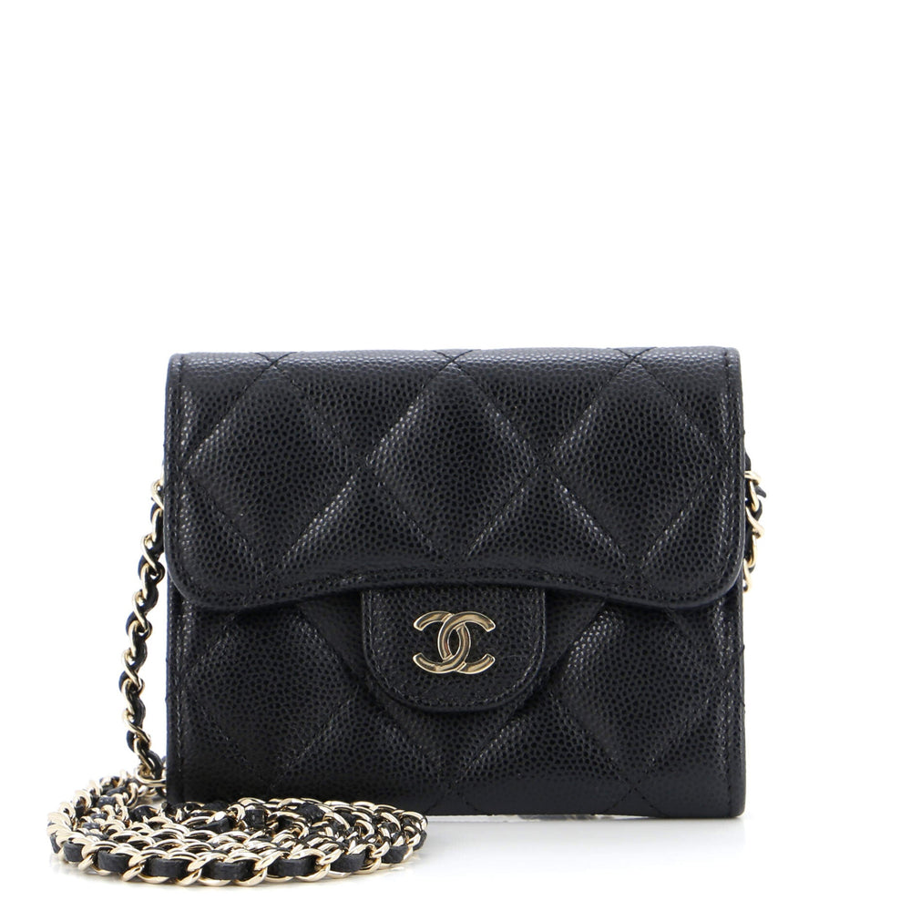 CHANEL Classic Flap Card Holder on Chain Quilted Caviar Mini