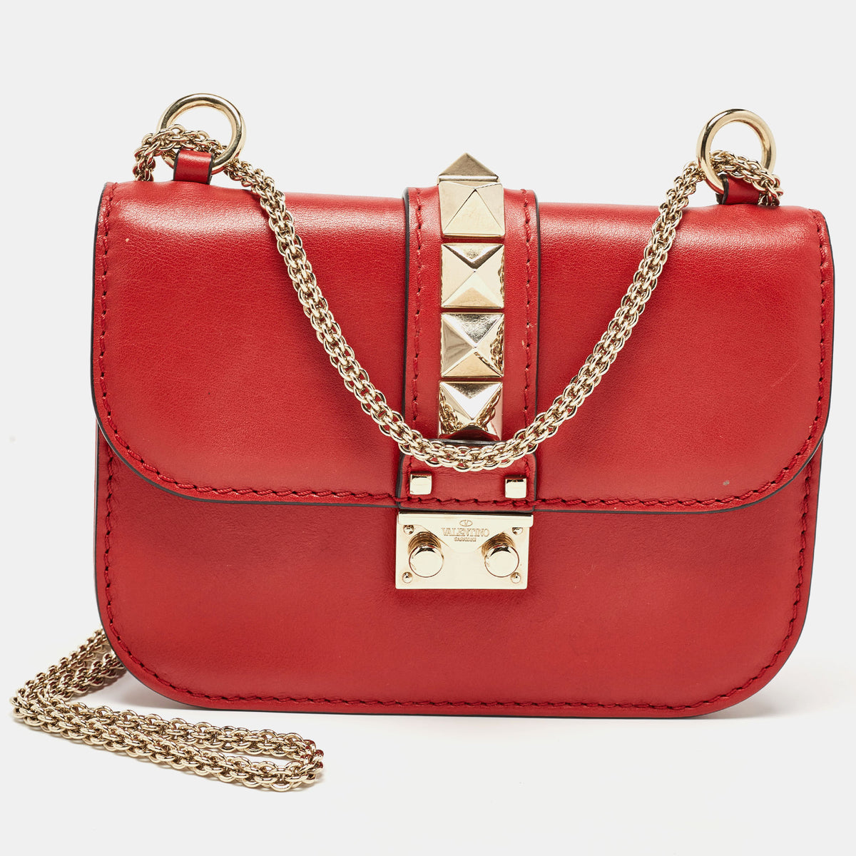 Valentino Red Leather Small Rockstud Glam Lock Flap Bag
