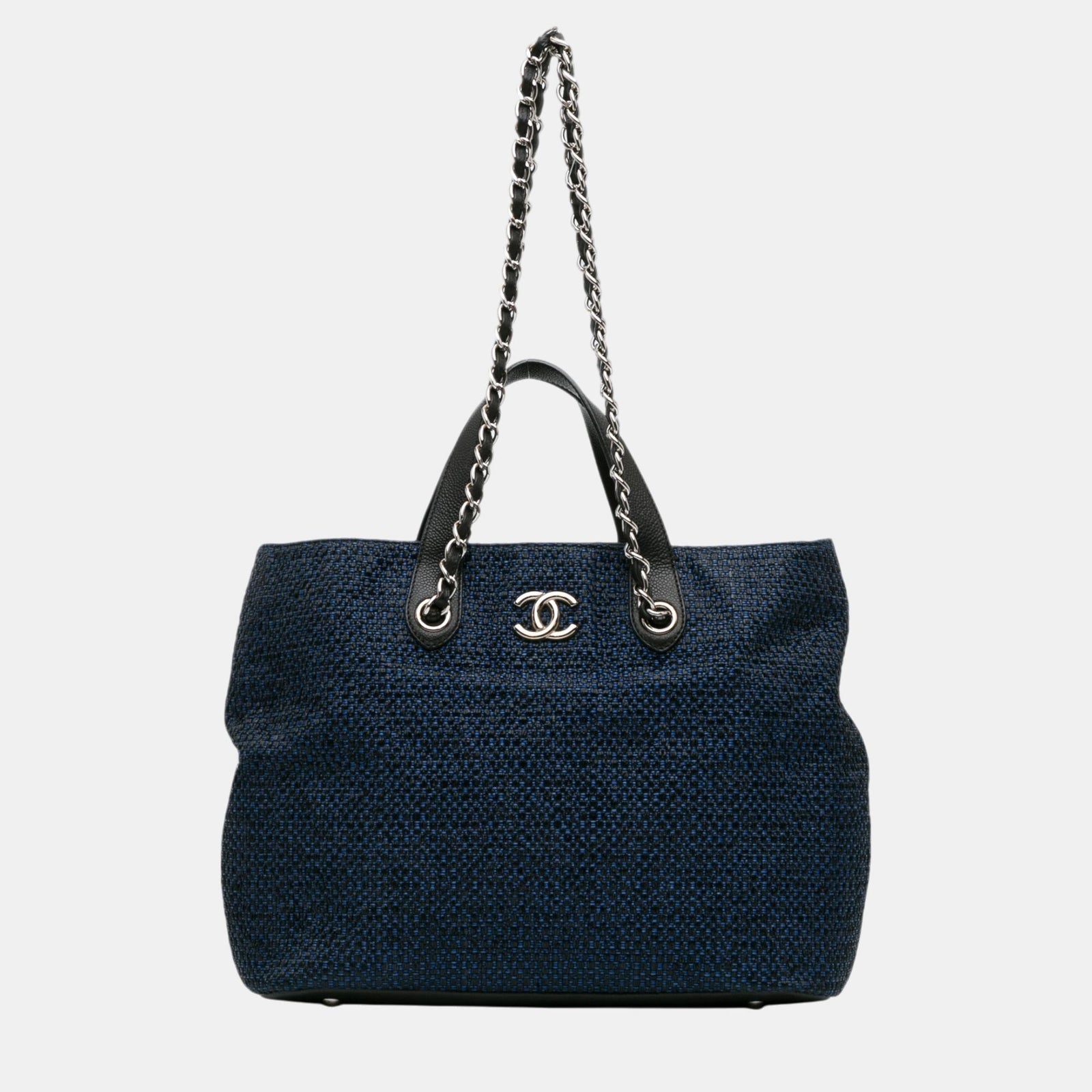 Chanel Sac fourre-tout à cordon de serrage en cuir bleu marine et paille caviar