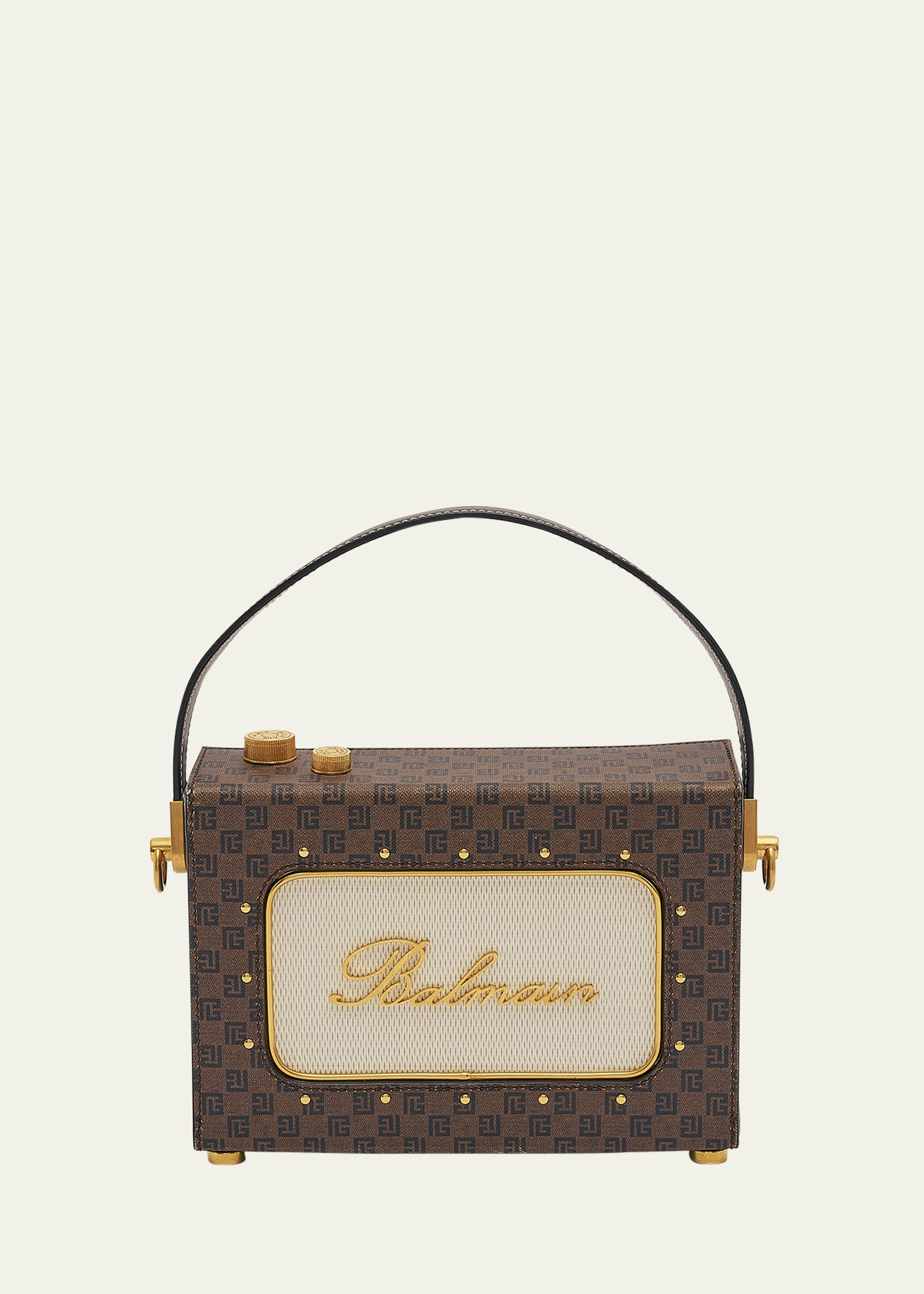 Balmain Radio Monogram Crossbody Bag in Waxed Canvas and Leather