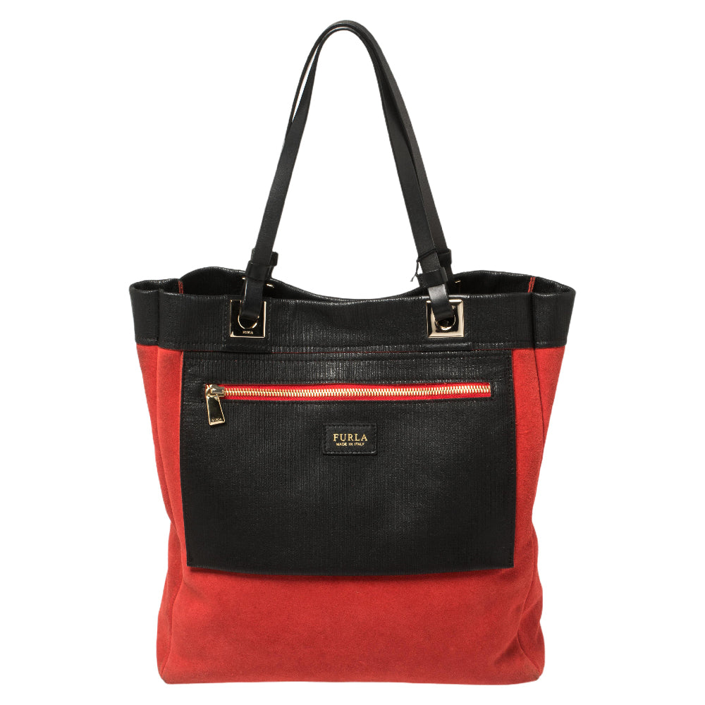 Furla Red/Black Textured Leather and Suede Tote