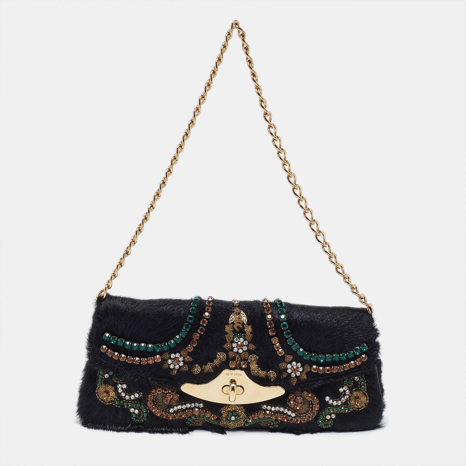 Etro Black Calfhair Crystal Embellished Turnlock Clutch