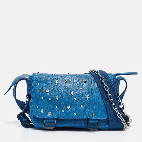 Blue Studded Leather Flap Crossbody Bag