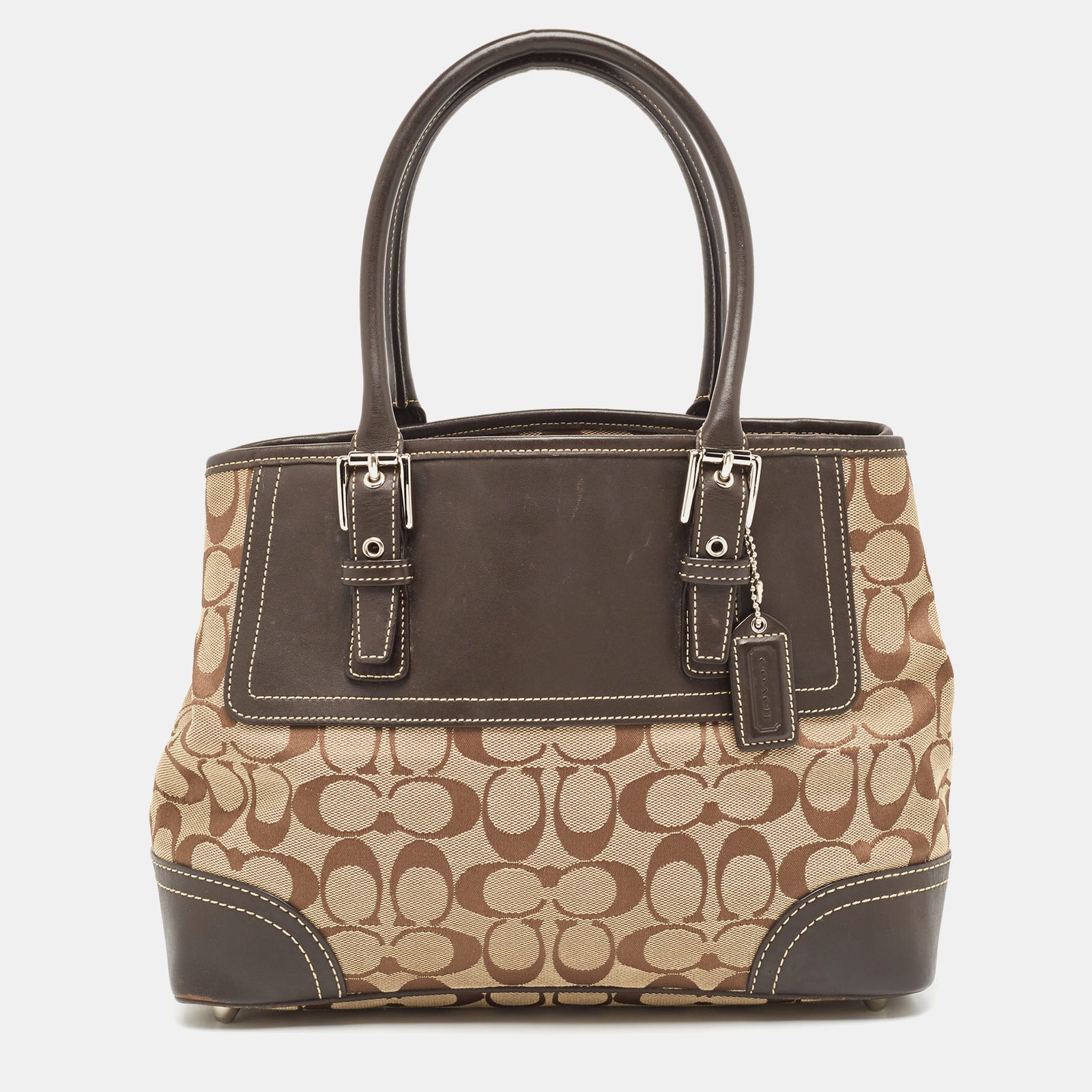 Coach Dark Brown/Beige Signature Canvas and Leather Hampton Tote