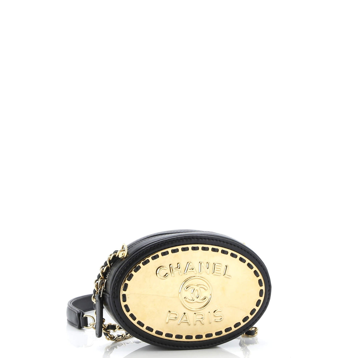 Chanel CHANEL Logo Plate Oval Clutch With Chain Metal and Lambskin