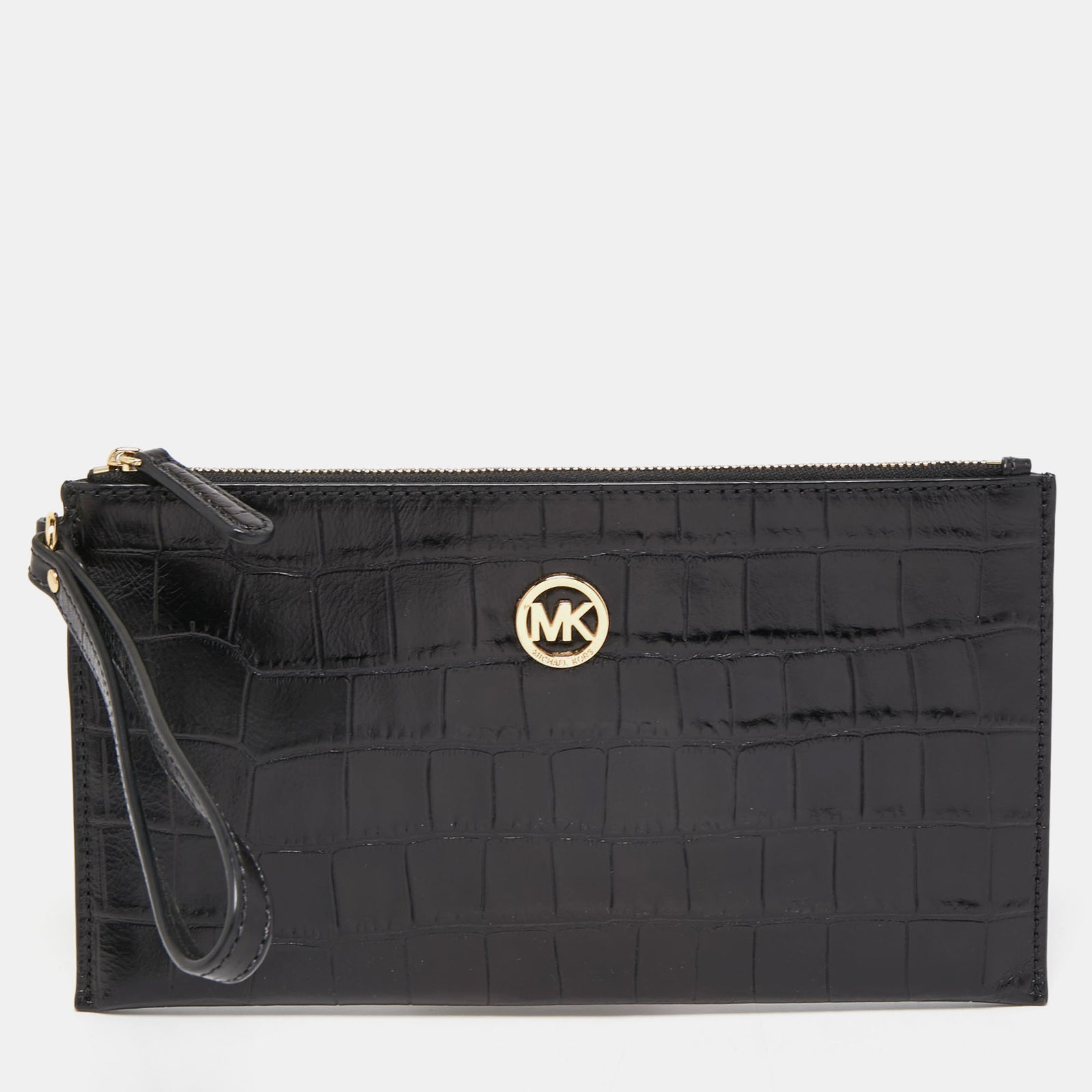 Michael Kors Black Croc Embossed Leather Wristlet Clutch