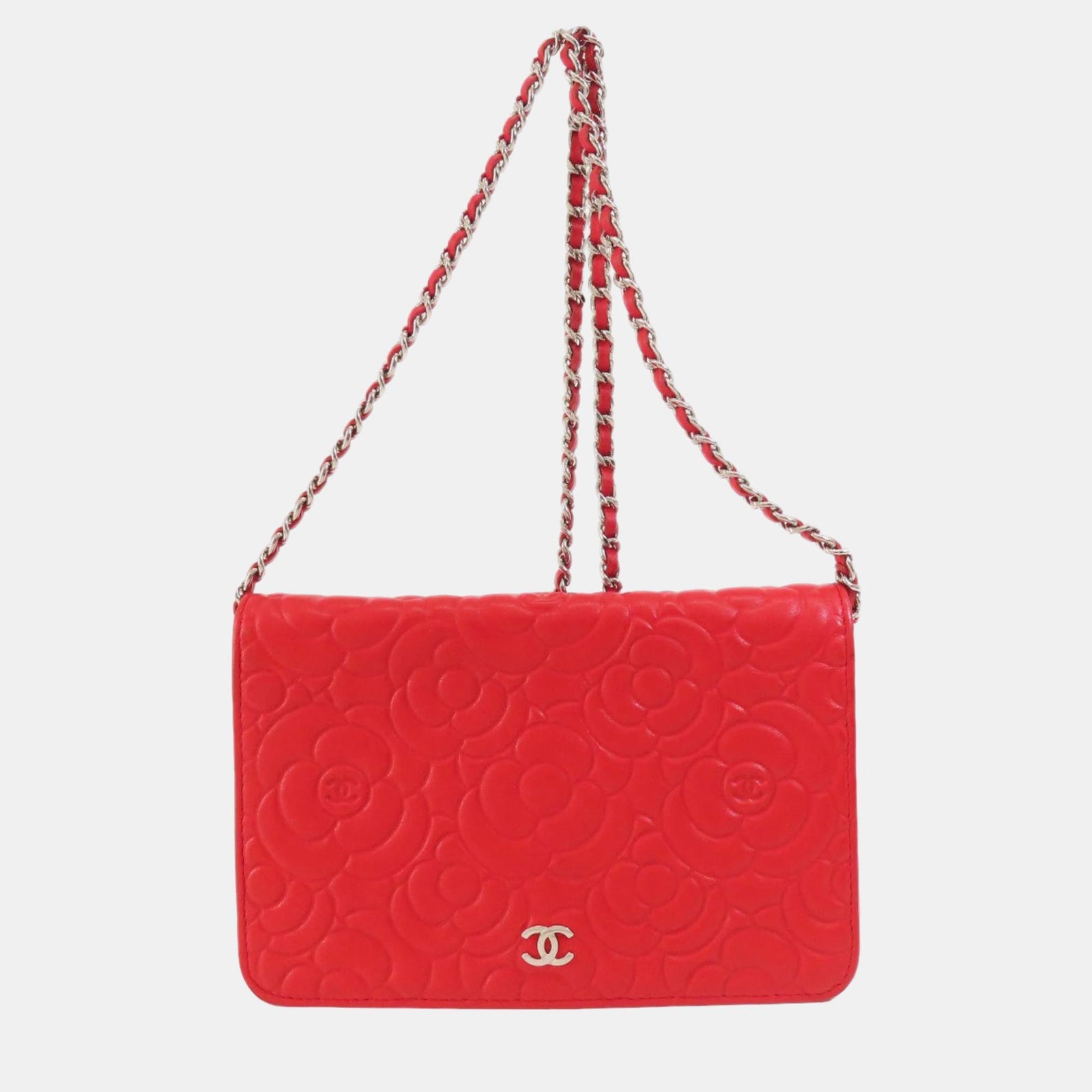 Chanel Portefeuille en cuir rouge camélia gaufré sur chaîne