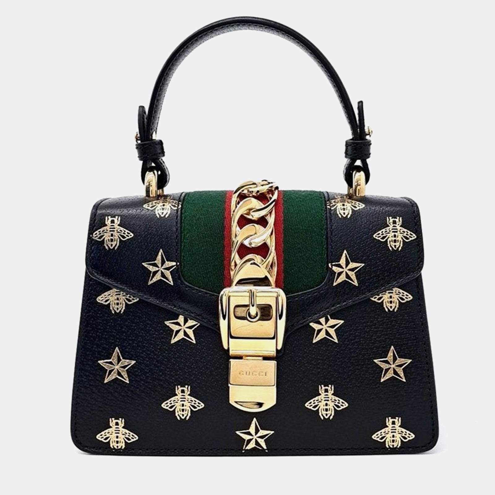 Gucci Black Leather Bee Printed Sylvie Mini Top Handle Bag