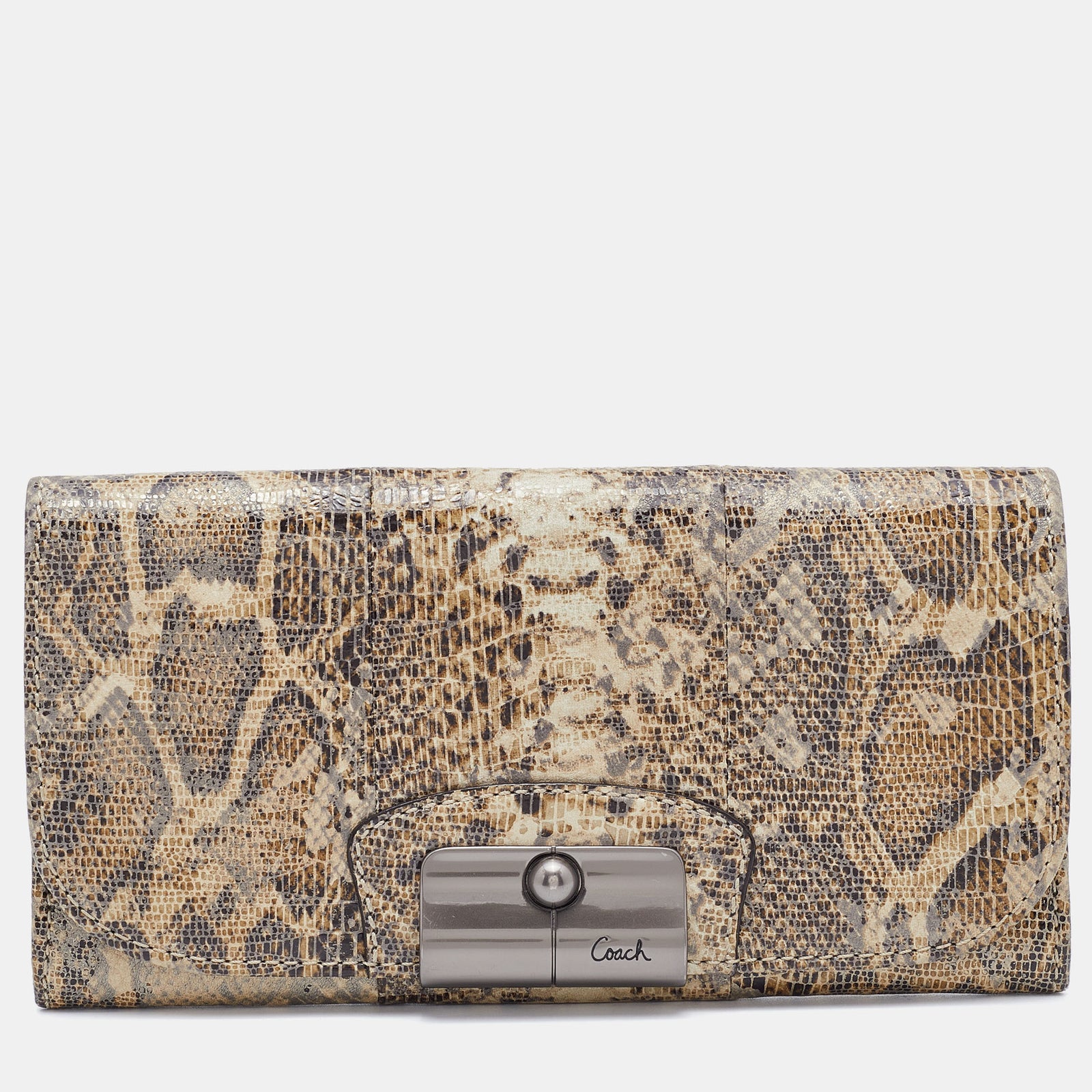 Coach Brown/Beige Python Embossed Leather Flap Continental Wallet