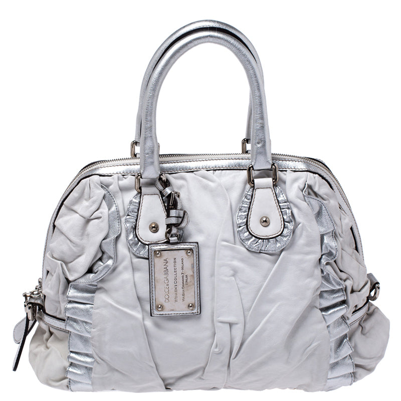 Dolce & Gabbana Silver Leather Miss Rouche Distressed Satchel