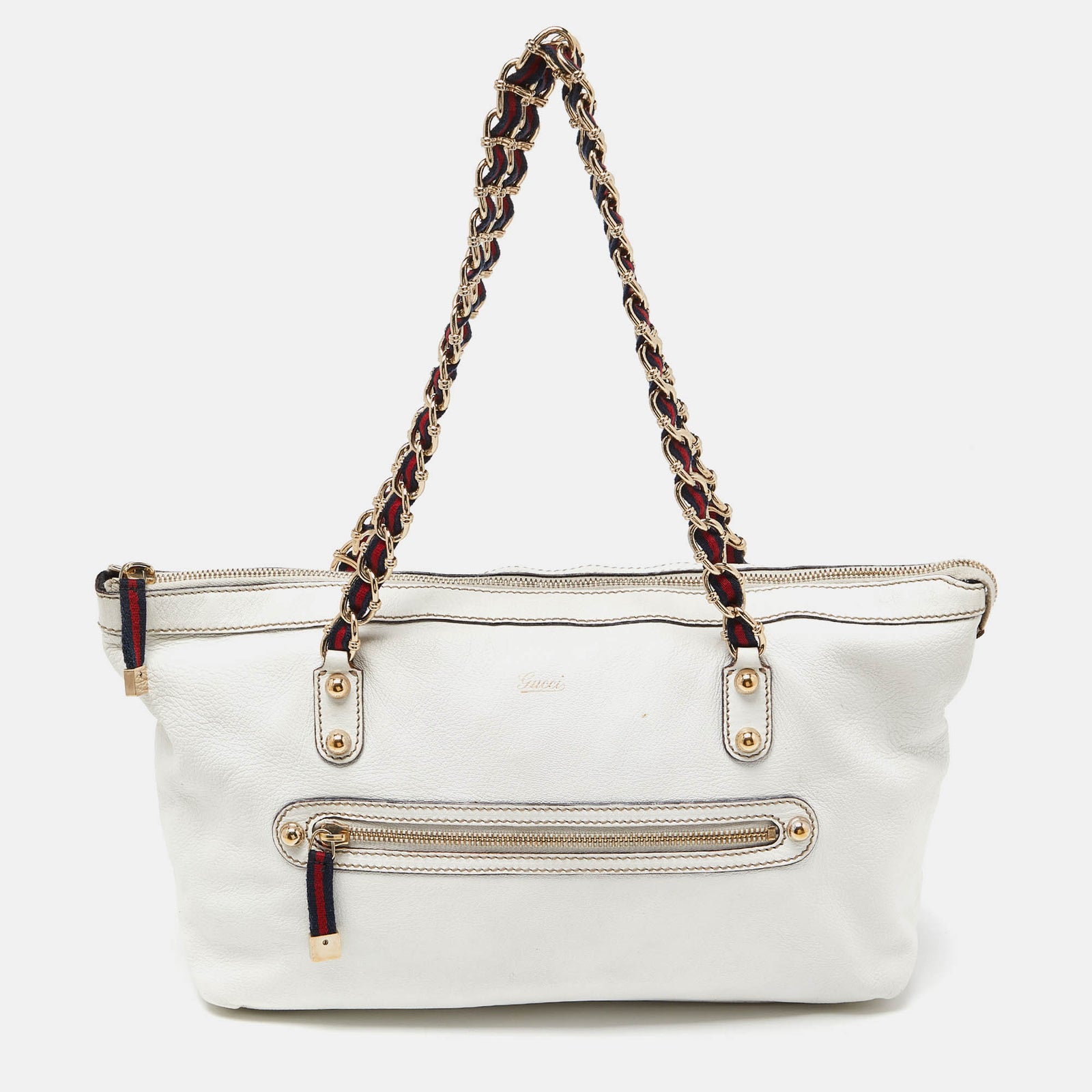 Gucci White Leather Front Zip Chain Tote