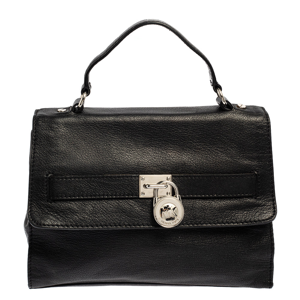 Michael Kors Black Pebbled Leather Padlock Flap Top Handle Bag