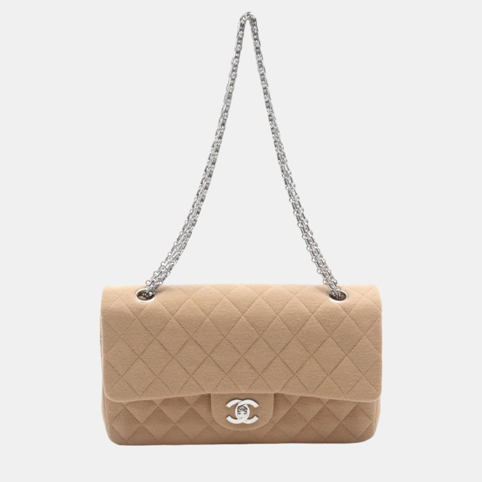 Chanel Beigefarbene Schultertasche „Coco Mark“ aus 2,55-Matelasse-Baumwolljersey mit doppelter Klappe