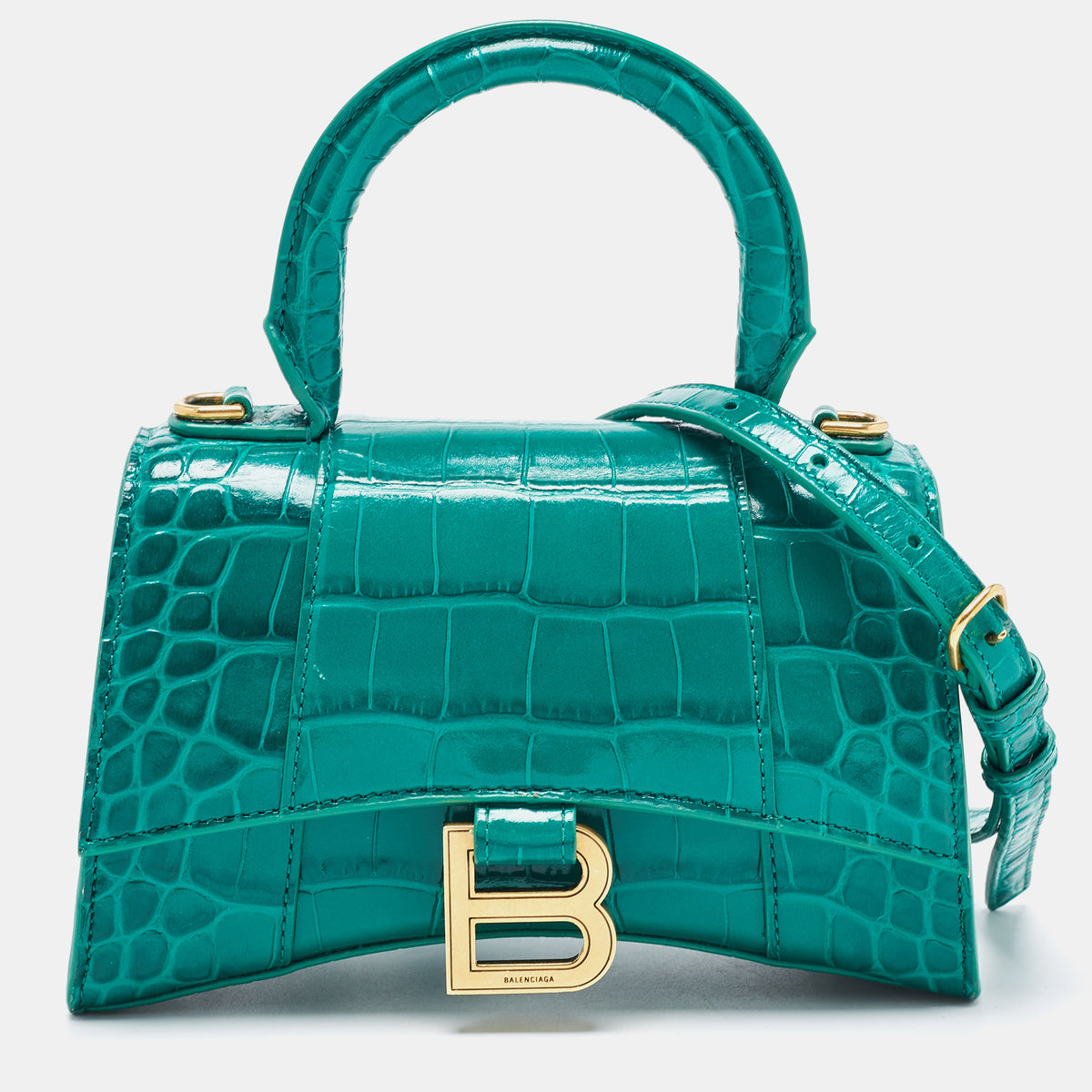 Balenciaga Green Croc Embossed Leather XS Hourglass Top Handle Bag