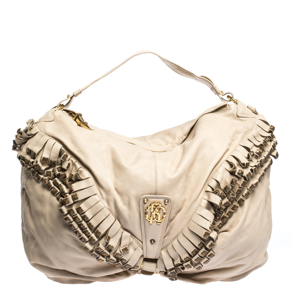 Roberto Cavalli Cream Leather Studded Fringe Hobo