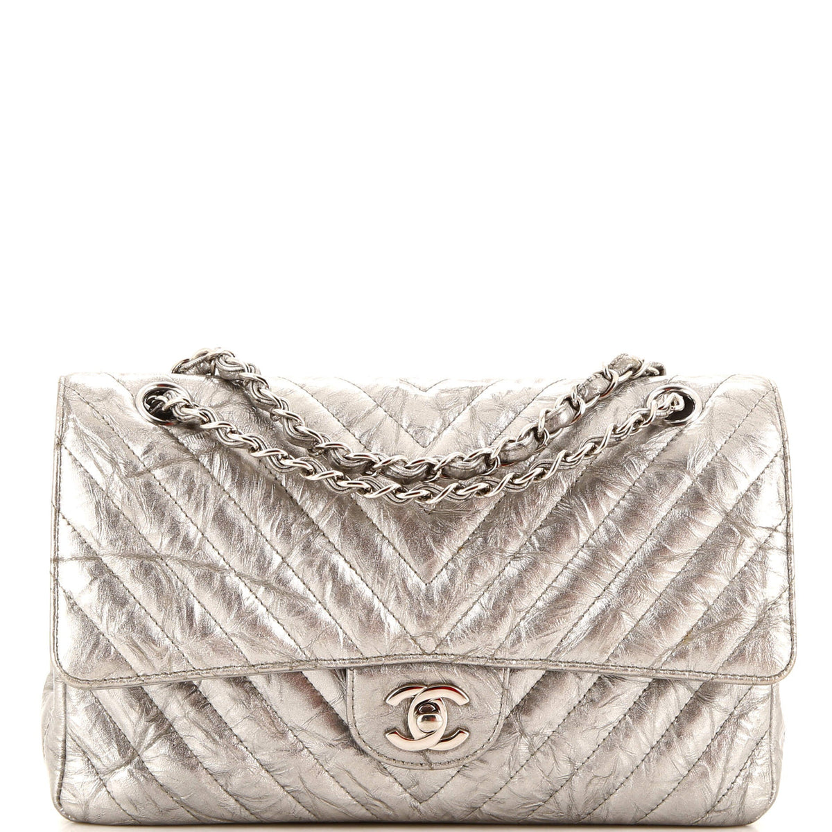 Chanel CHANEL Classic Double Flap Bag Chevron Crumpled Metallic Patent Medium