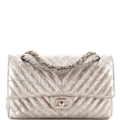 CHANEL Classic Double Flap Bag Chevron Crumpled Metallic Patent Medium