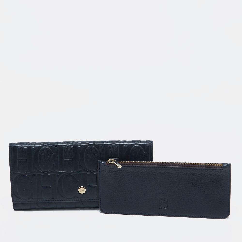 Ch Carolina Herrera Navy Blue Monogram Leather Flap Trifold Continental Wallet