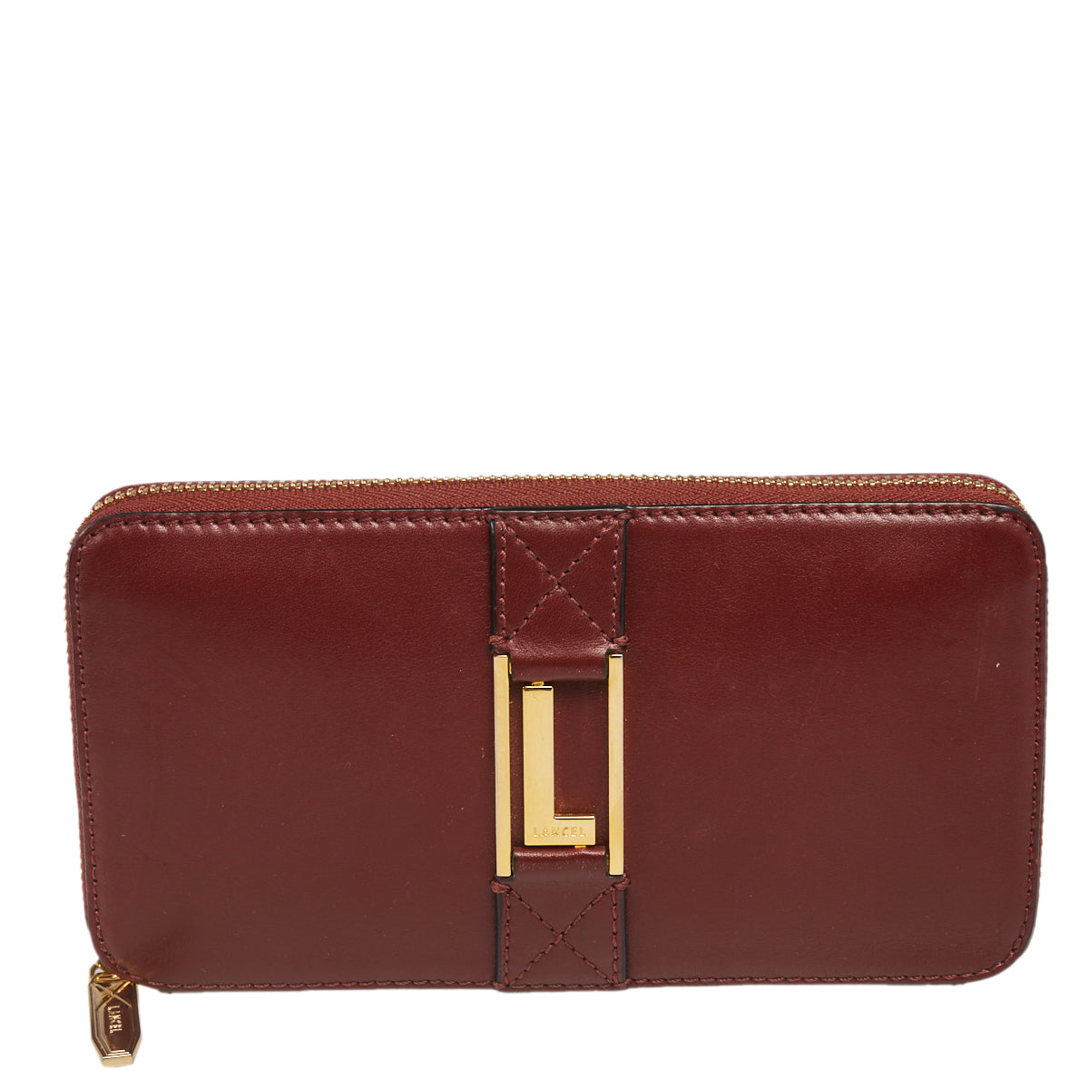 Lancel Burgundy Leather Logo Zip Around Wallet