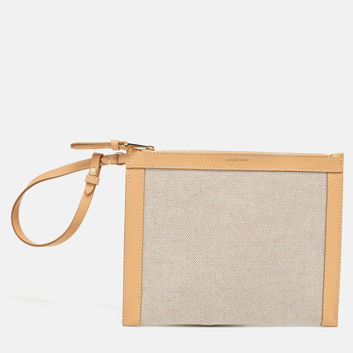 Beige/Tan Canvas and Leather Wristlet Pouch