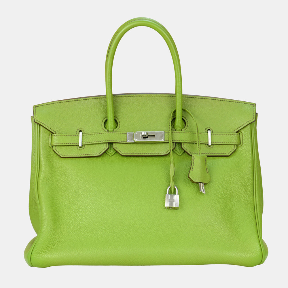 Sac Birkin 35 cm en cuir Togo vert anis avec accessoires argentés