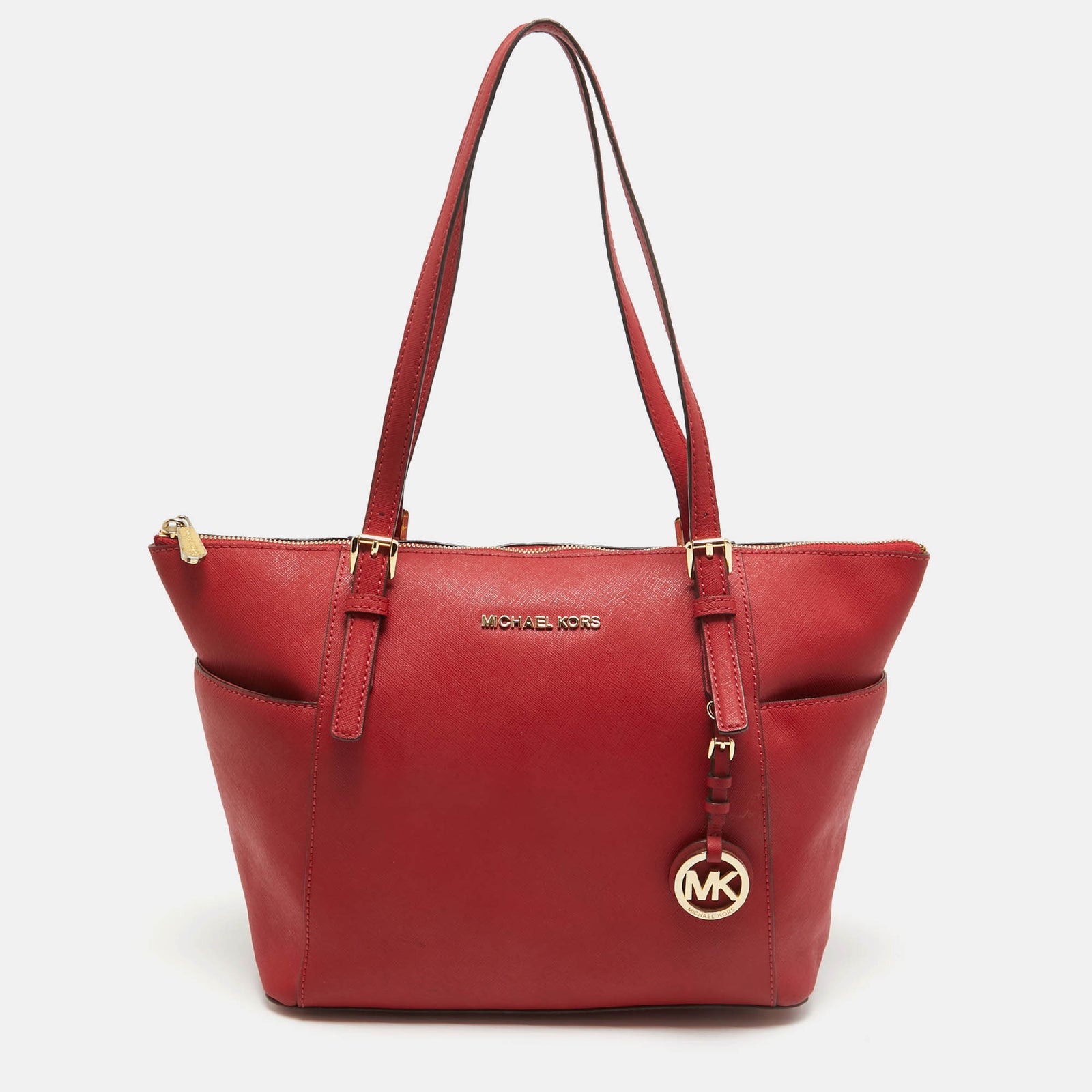 Michael Kors Red Saffiano Leather Jet Set Top Zip Tote