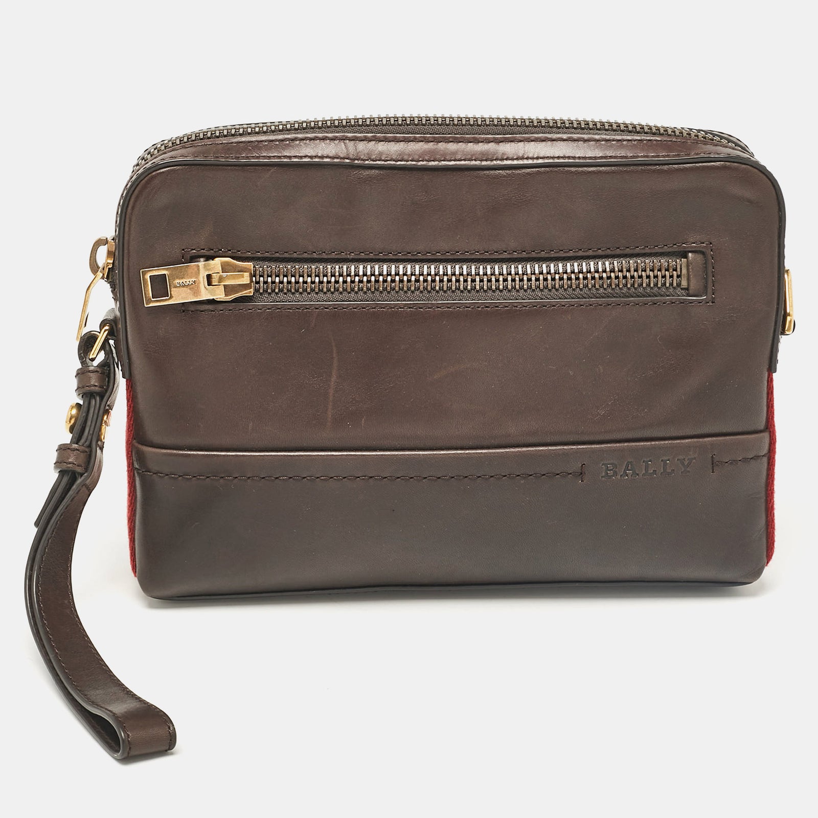 Bally Dunkelbraune Ledertasche mit Streifenmuster und Handgelenksriemen