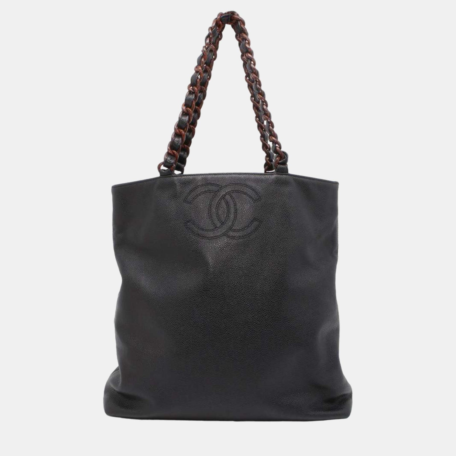 Chanel Schwarze CC-Tragetasche aus Leder mit Kette