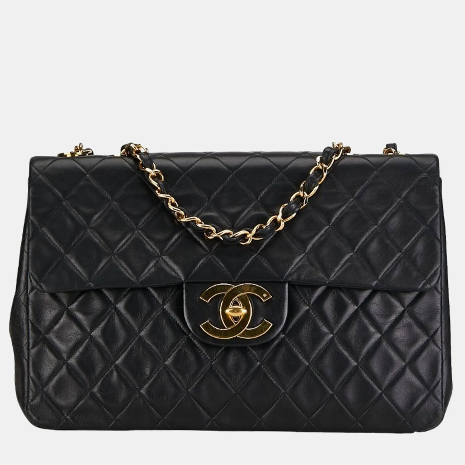 Chanel Sac à bandoulière classique en cuir noir avec rabat maxi