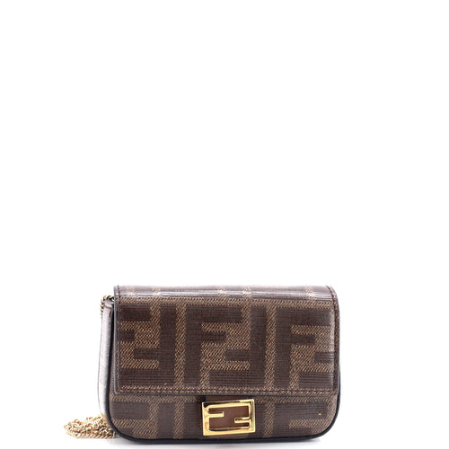 FENDI Chain Baguette Charm Bag Zucca Coated Canvas Nano