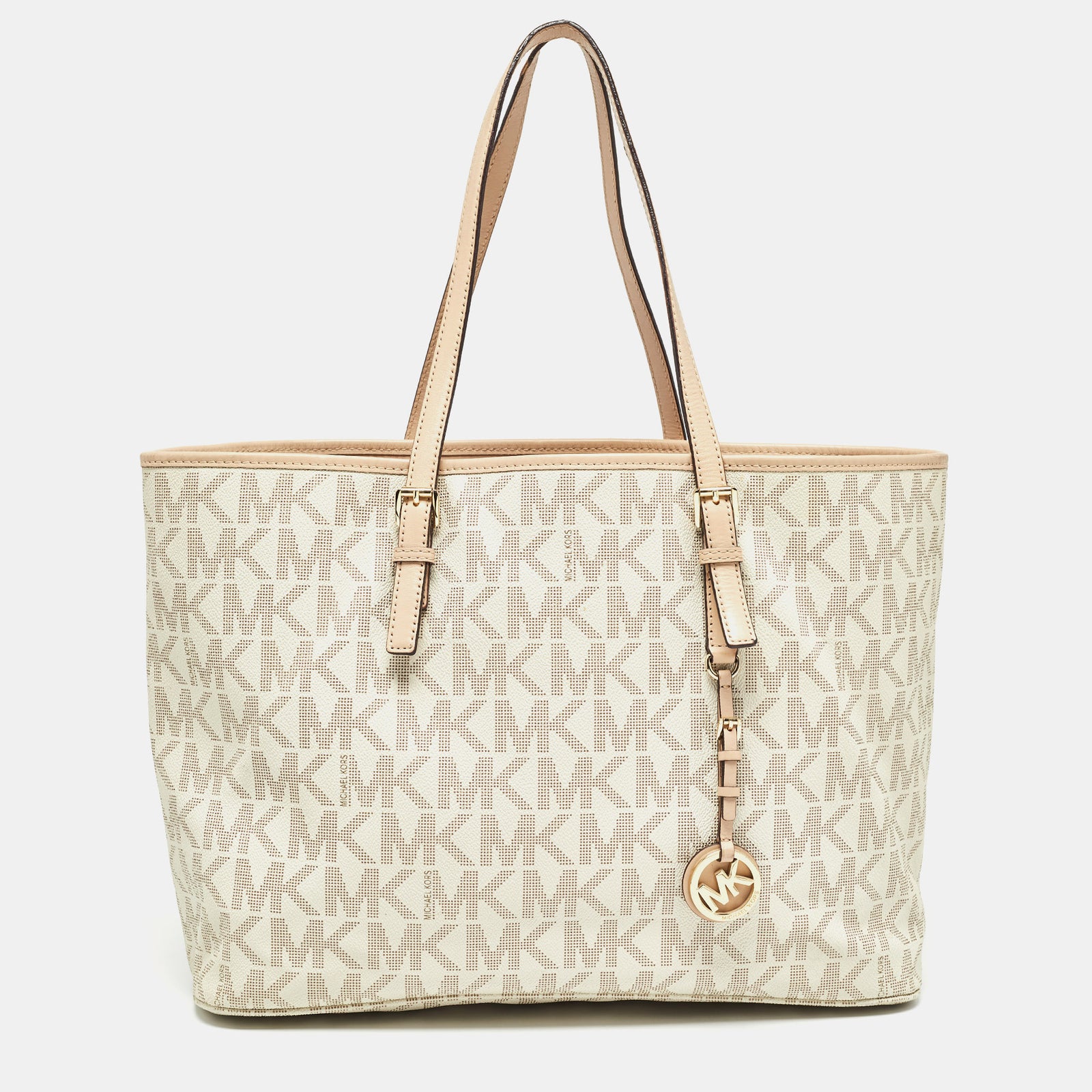 Michael Kors Beige/White Signature Coated Canvas and Leather Jet Set Tote