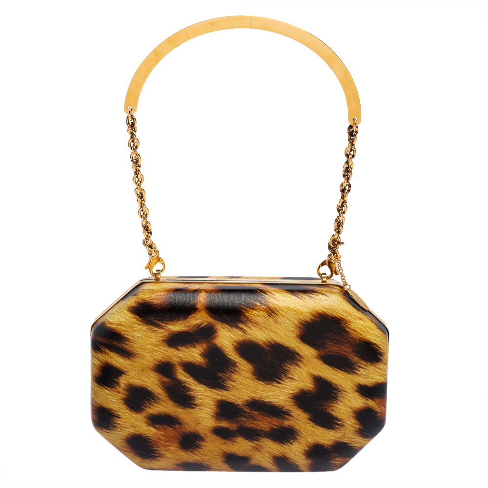 Roberto Cavalli Brown Leopard Print Leather Clutch