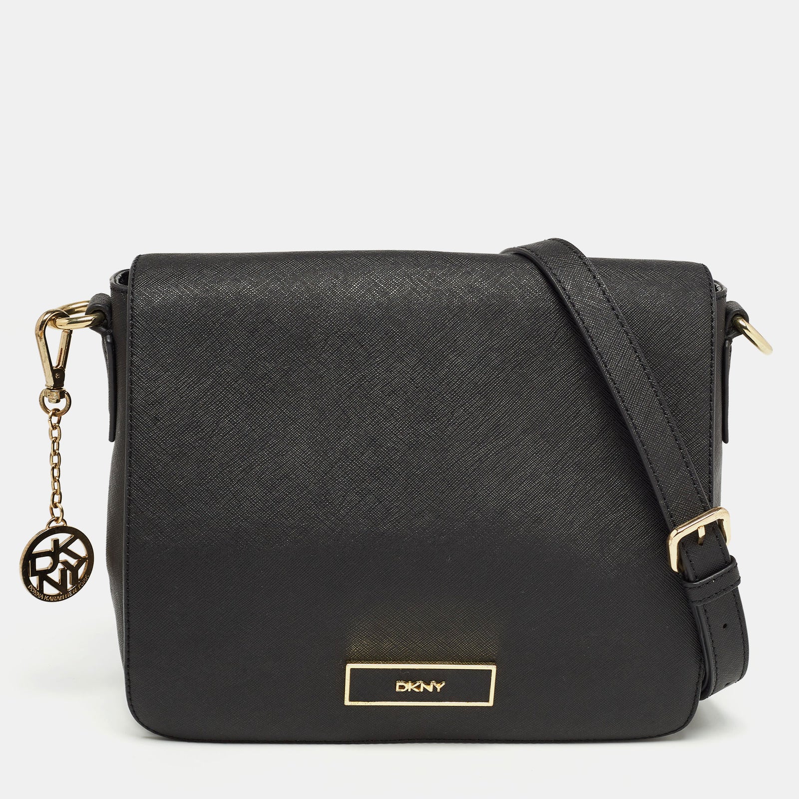 DKNY DKNY Black Leather Logo Flap Shoulder Bag