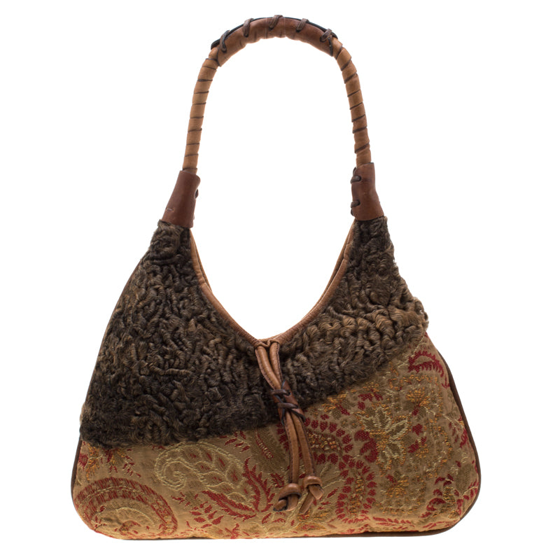 Etro Multicolor Fur and Jacquard Hobo