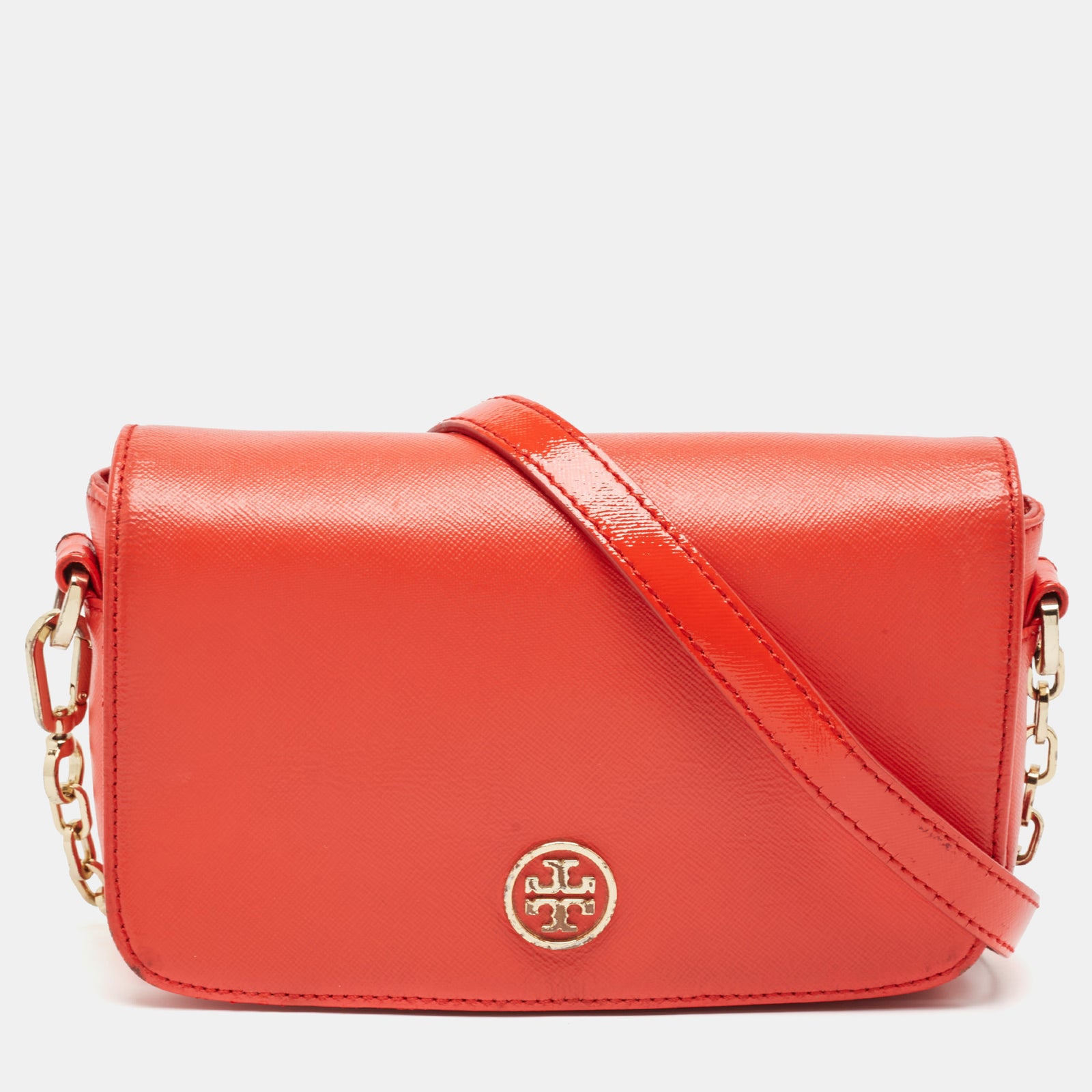 Tory Burch Mini-Umhängetasche Robinson aus Lackleder und Leder in Orange