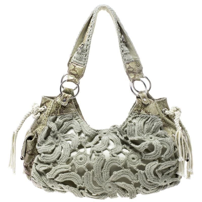 Gianfranco Ferre Olive Green/Cream Crochet and Python Embossed Leather Tote