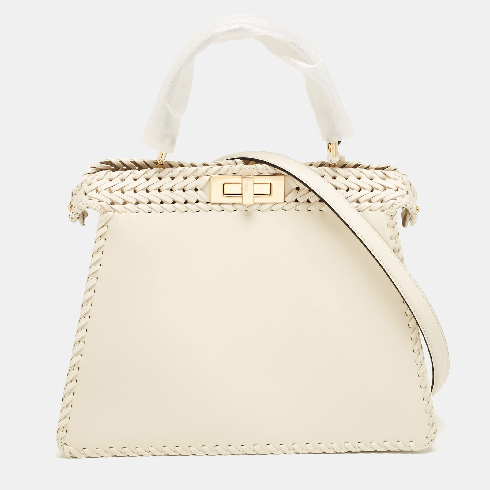 Fendi Off White Leather Medium Peekaboo ISeeU Top Handle Bag